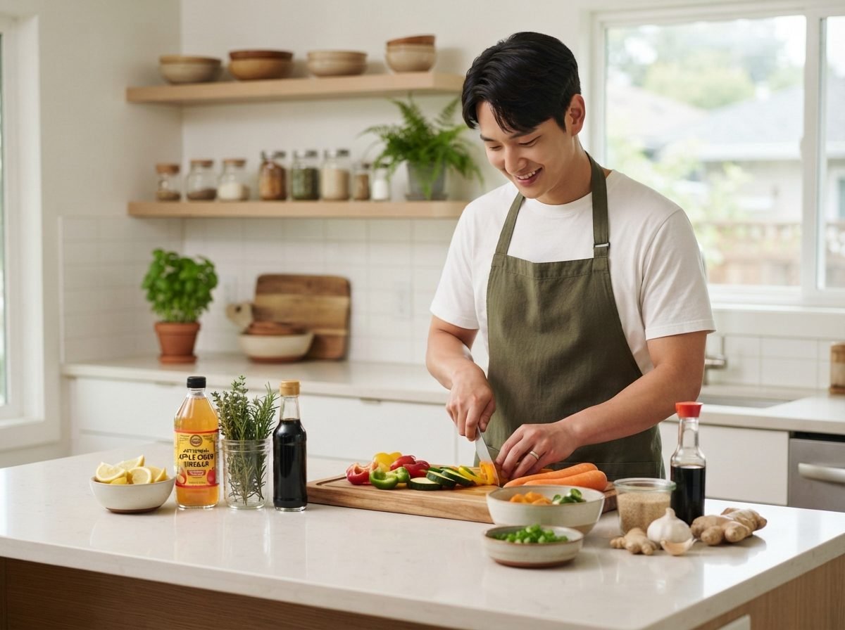 [저염 식단] 혼밥 나트륨 줄이는 간 조절법과 대체 양념 가이드 20대 남성이 밝은 자연광이 드는 주방 조리대 위에서 레몬, 식초, 허브, 저염간장 등 대체 양념 재료를 늘어놓고 저염 요리를 준비하는 장면, 깔끔하고 실용적인 분위기, 실사 사진