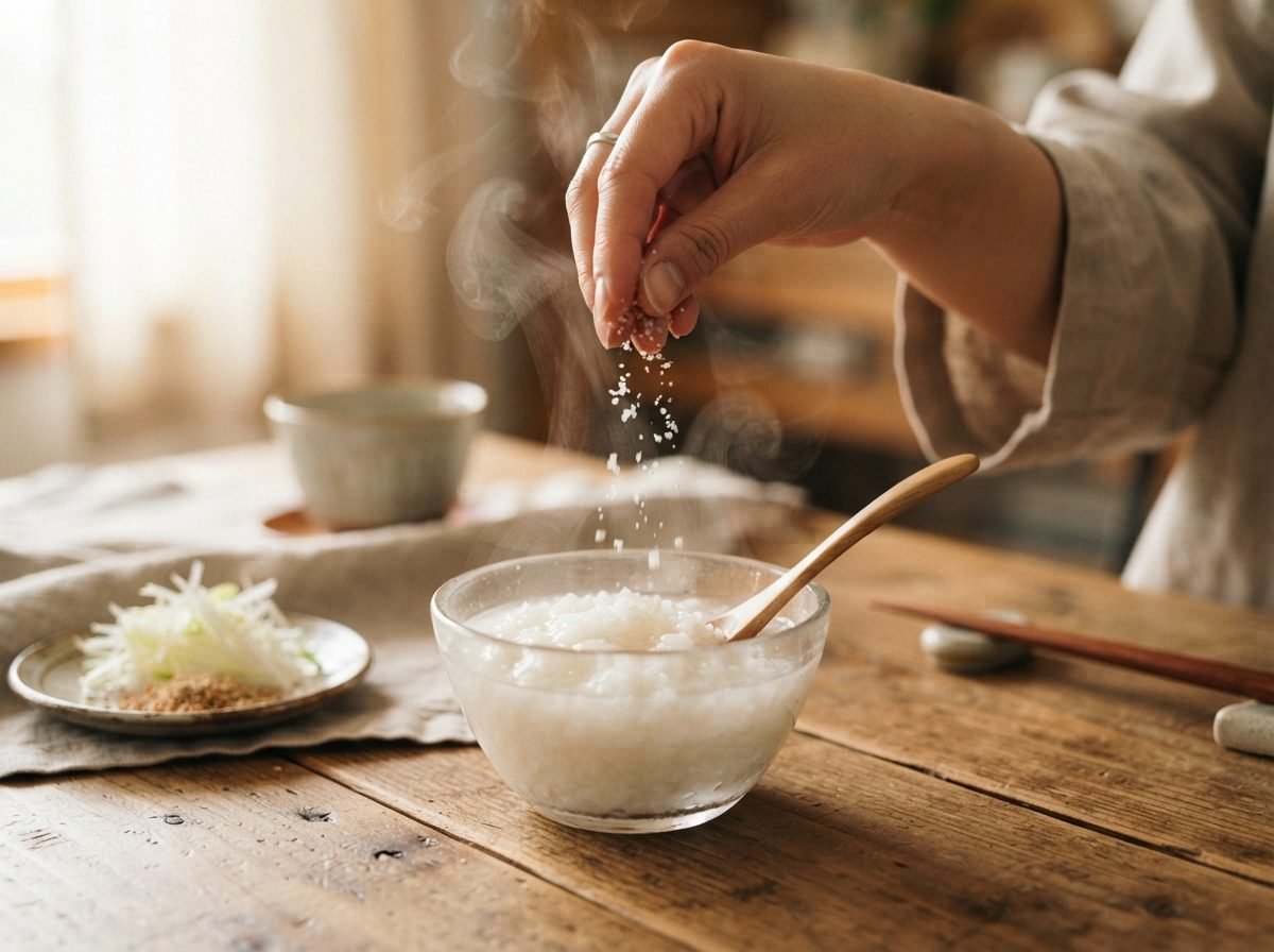 [속 편한 요리] 위가 약한 날 먹는 혼밥 죽 레시피 5가지 작은 유리 그릇에 담긴 완성된 흰 쌀죽 위에 소금 한 꼬집을 얹는 손, 나무 테이블 위 자연광 배경, 김이 모락모락 나는 부드럽고 따뜻한 질감이 느껴지는 실사 사진