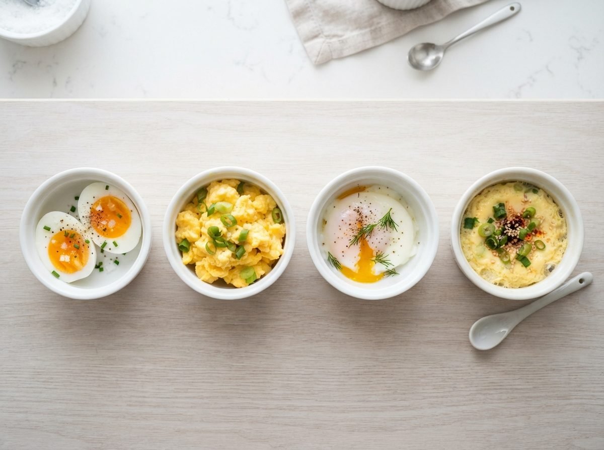 [단백질 식단] 계란 두 개로 완성하는 혼밥 단백질 식단 모음 계란 요리 네 가지(삶은 계란, 스크램블에그, 반숙 달걀프라이, 계란찜)가 각각 작은 흰 그릇에 담겨 나란히 놓인 모습. 깔끔한 밝은 배경, 위에서 내려다보는 앵글. 음식 색감이 선명하게 표현된 정보형 이미지
