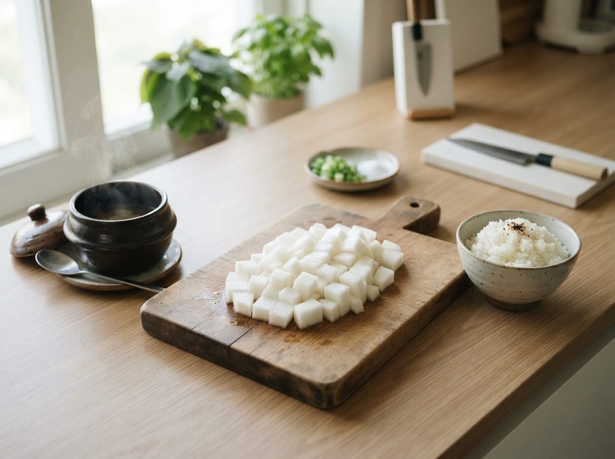 [속 편한 요리] 위가 약한 날 먹는 혼밥 죽 레시피 5가지 사각 도마 위에 잘게 다진 흰 무 조각들이 가지런히 놓여 있고, 옆에 작은 냄비와 밥 한 공기가 준비된 모습. 밝은 주방 자연광, 군더더기 없는 깔끔한 분위기, 실사 사진