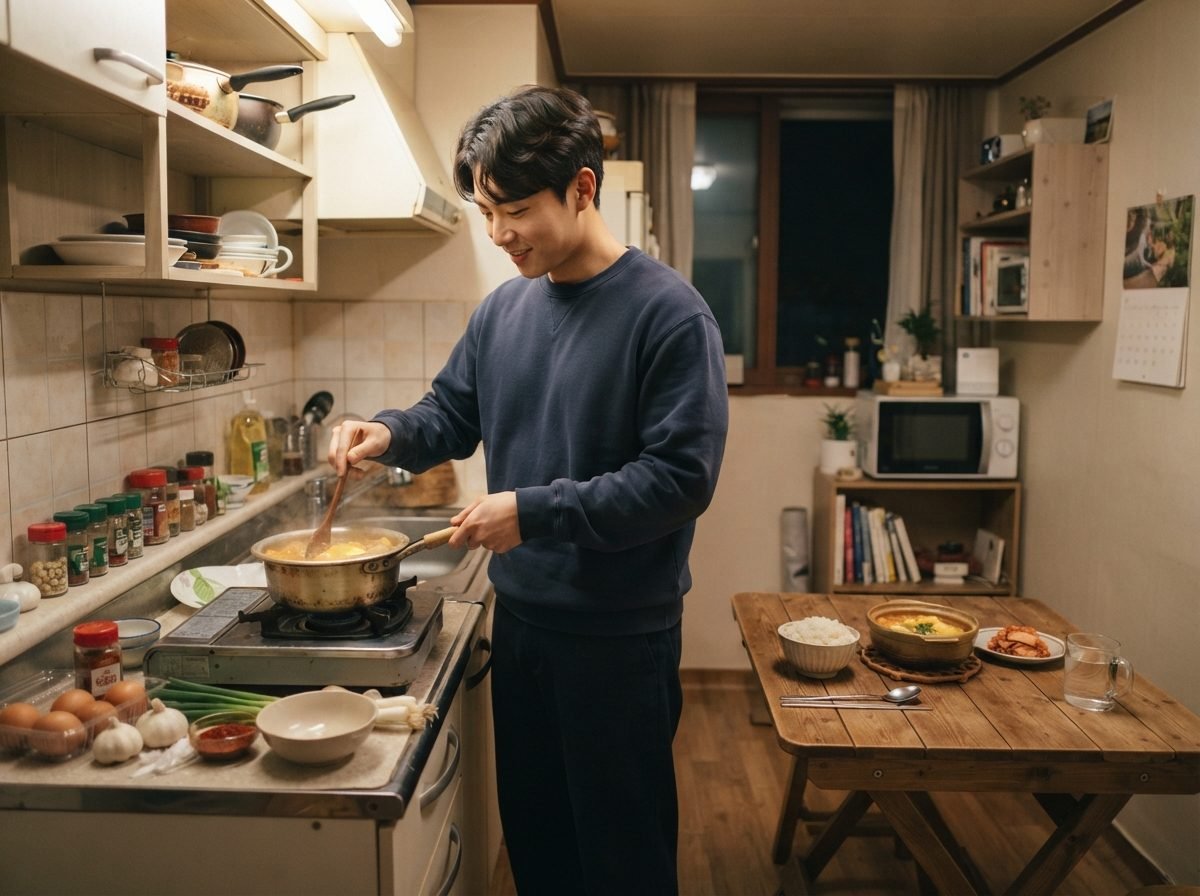 [단백질 식단] 닭가슴살 없이도 채우는 1인 고단백 혼밥 3선 20대 남성이 자취방 작은 주방에서 냄비 하나로 순두부 계란탕을 끓이며 밥상을 차리는 모습, 저녁 시간대 형광등 조명, 간편하고 생활감 있는 분위기, 실사 사진